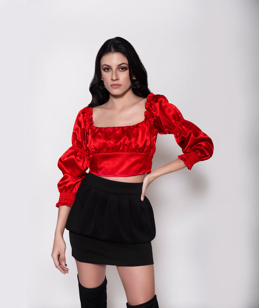 Red Satin Crop Top + Black Peplum Mini Skirt